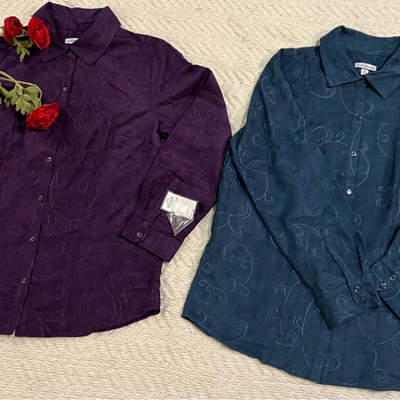 Croft and Barrow Size M Long Sleeve Button Front Blouse Blue - Purple Lot 2 New - Picture 2 of 13